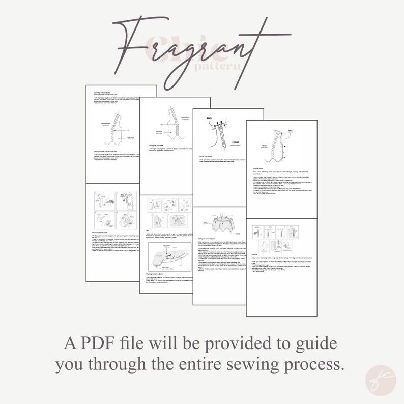 May include: A set of black and white sewing instructions for a garment. The instructions include diagrams and text. The text includes the words "Fragrant Pattern".