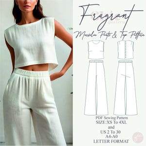 Op de afbeelding: Een digitaal naaipatroon voor een wit crop top en een wijde broek. Het patroon heet "Fragrant Marsila Pants & Top Pattern" en is verkrijgbaar in de maten XS tot 4XL, Nederlandse maten 34 tot 52, en in A4-A0 formaat.