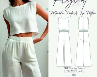 Top And Pant Set Digital Sewing Pattern,Linen Summer Set,Bohemian Set,Button Linen Top,Elastic Waistband  Pants,Digital PDF Sewing Pattern