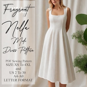 Puede incluir: Un vestido midi blanco con escote cuadrado y falda acampanada. El vestido es sin mangas y parece estar hecho de una tela texturizada. El texto en el lado izquierdo dice "Fragrant Nelpa Midi Dress Pattern" y detalles sobre las tallas del patrón de costura PDF.