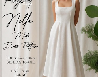 May include: A white midi dress with a square neckline and a flared skirt. The dress is sleeveless and appears to be made of a textured fabric. Text on the left side reads "Fragrant Nelpa Midi Dress Pattern" and details about the PDF sewing pattern sizes.