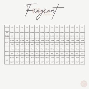 May include: A size chart for clothing with measurements in inches and centimeters. The chart includes US sizes 2 through 30 and corresponding European sizes 32 through 60. Measurements are provided for bust, waist, and hip.