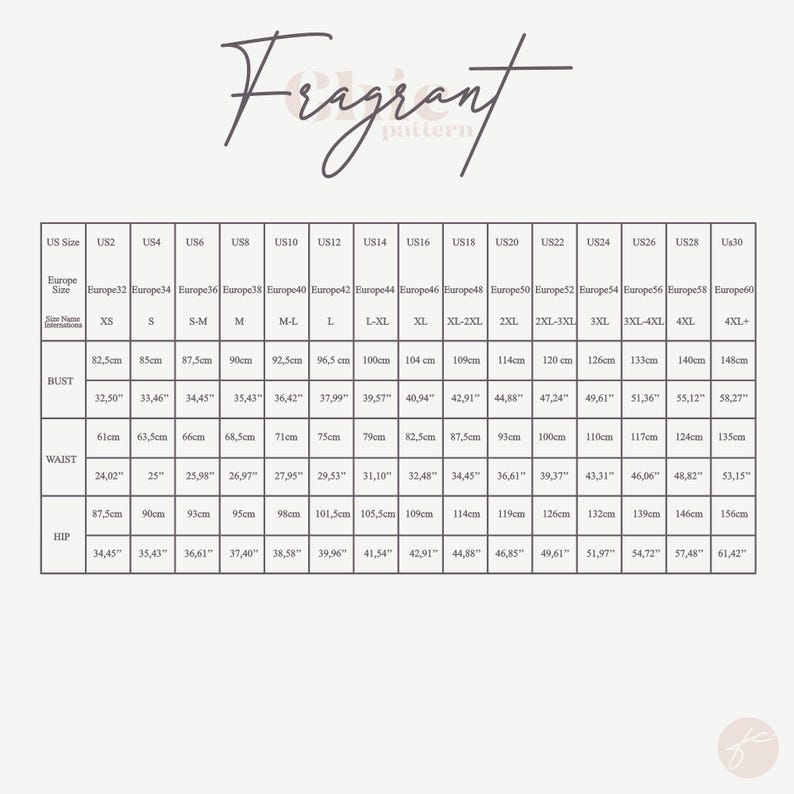 May include: A size chart for clothing with measurements in inches and centimeters. The chart includes US sizes 2 through 30 and corresponding European sizes 32 through 60. Measurements are provided for bust, waist, and hip.