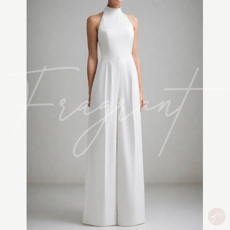 May include: A white halter jumpsuit with a high neck and wide legs. The jumpsuit is made of a smooth, flowing fabric.