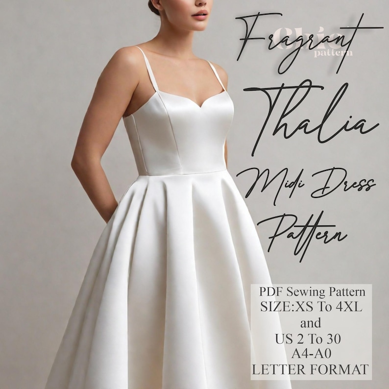 May include: A white midi dress sewing pattern for sizes XS to 4XL. The pattern is available in US sizes 2 to 30 and in A4-A0 letter format. The pattern is called "Fragrant Thalia Midi Dress Pattern".