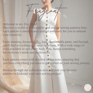 Puede incluir: Una mujer con un vestido blanco con botones dorados y un cintur&oacute;n dorado. El texto "Fragrant Pattern" est&aacute; escrito en una fuente decorativa sobre su cabeza. El texto "Welcome to my Etsy shop! Discover a world of high-quality and unique sewing patterns here. Each pattern is meticulously crafted and ready for you to unleash your creativity." est&aacute; escrito debajo de la imagen.