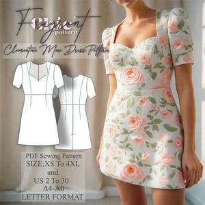 Puede incluir: Un patrón de costura digital para un vestido mini con escote de corazón y mangas abullonadas. El patrón está disponible en tallas XS a 4XL y tallas españolas 34 a 52. El patrón está en formato A4-A0 y está disponible para descargar en PDF.