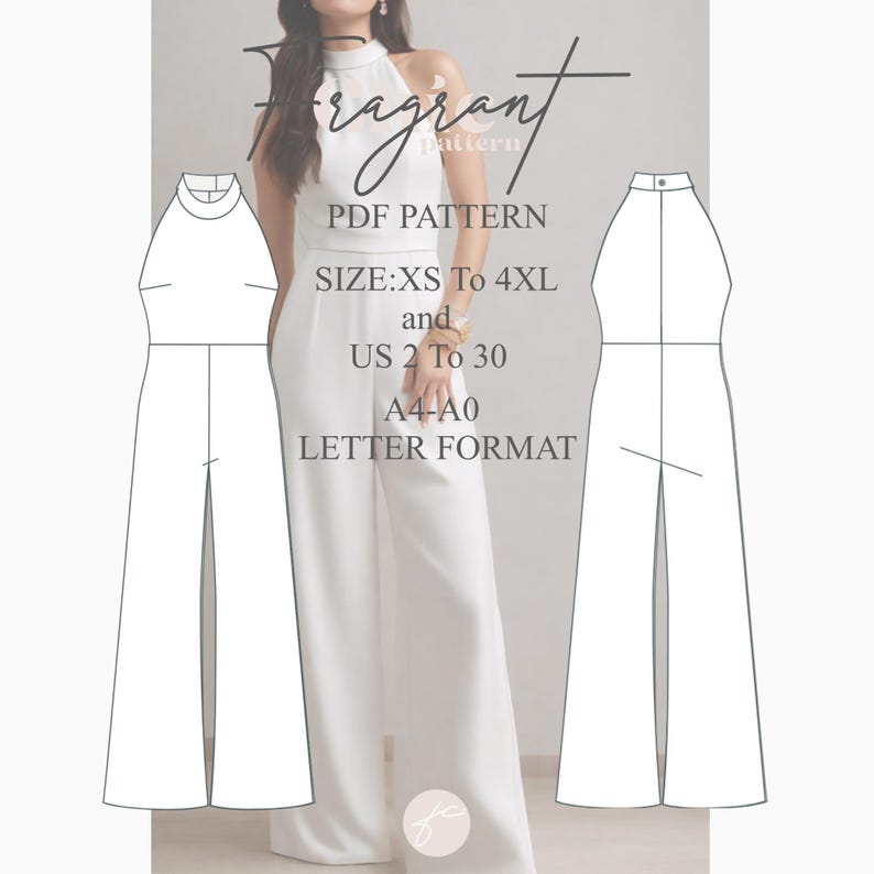 May include: A digital PDF sewing pattern for a white halter jumpsuit. The pattern includes sizes XS to 4XL, US sizes 2 to 30, and is available in A4 and A0 letter format.