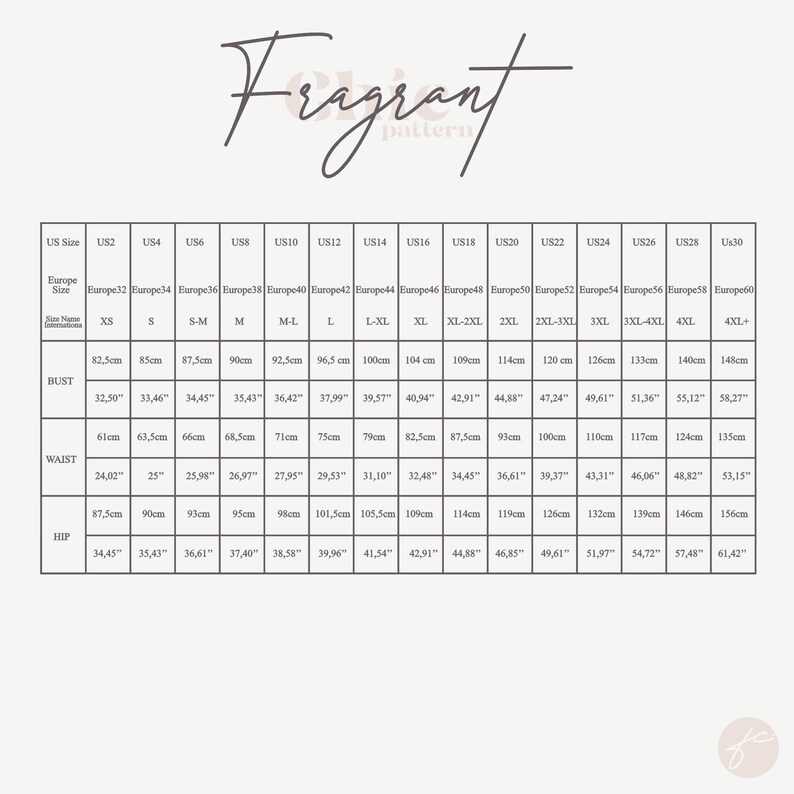 May include: A size chart for clothing with measurements in inches and centimeters. The chart shows US sizes 2 through 30, corresponding to European sizes 32 through 60. The chart includes measurements for bust, waist, and hip.