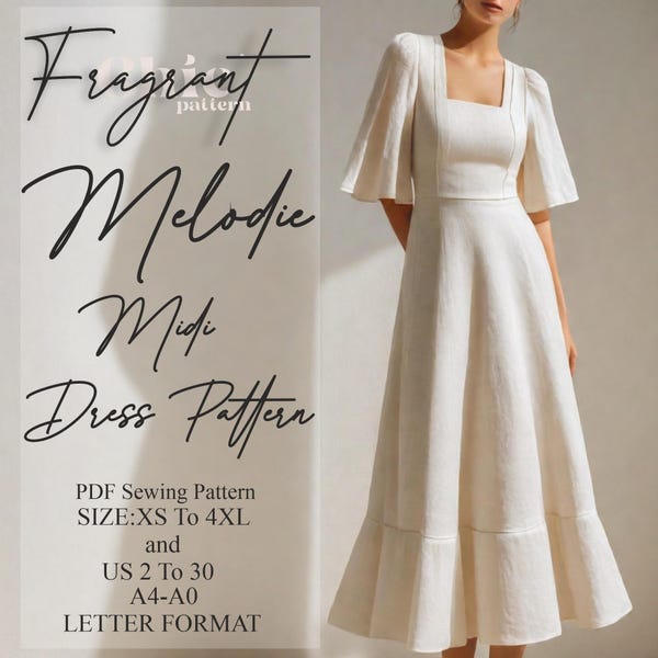 Square Neck Dress Sewing Pattern | Flared Sleeve Midi Dress Sewing Pattern | Women Sewing Dress Pattern | Digital PDF Sewing Pattern |