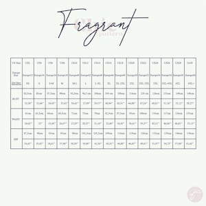 May include: A size chart for a sewing pattern, showing US and European sizes, bust, waist, and hip measurements in inches and centimeters.