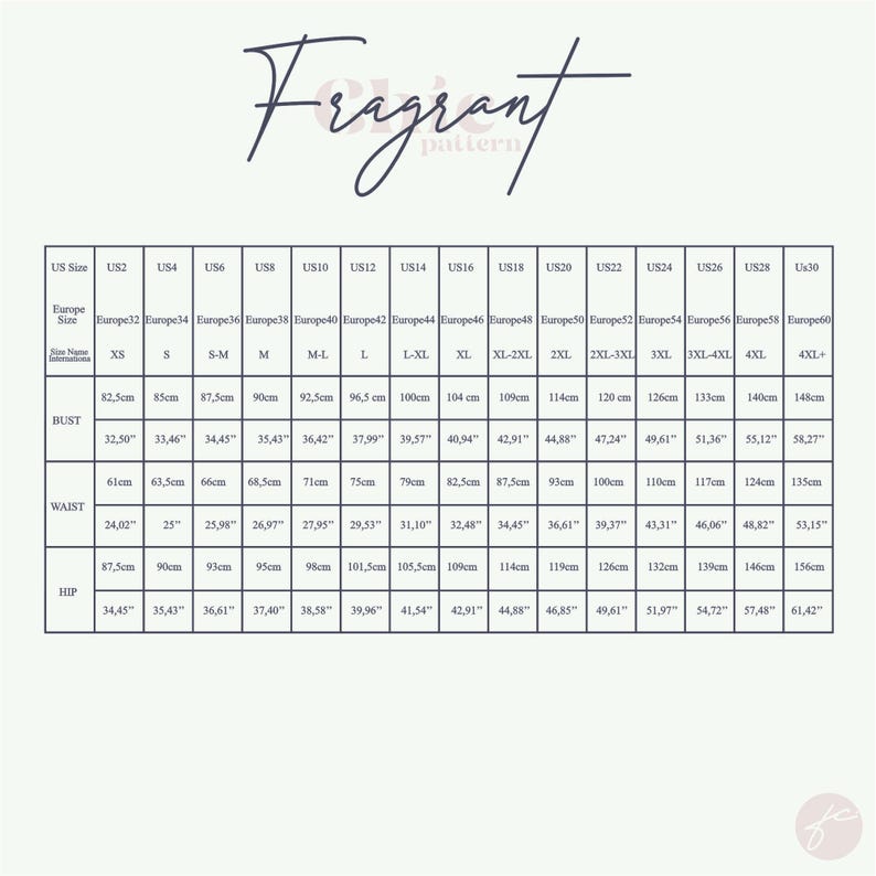 May include: A size chart for a sewing pattern, showing US and European sizes, bust, waist, and hip measurements in inches and centimeters.