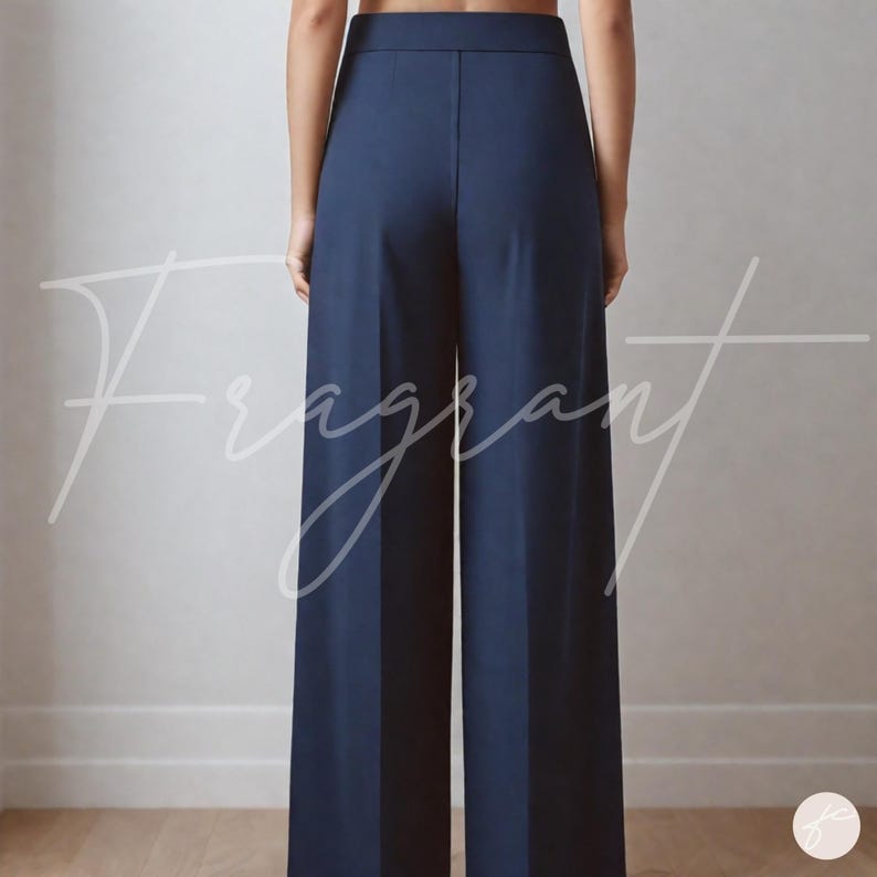 May include: A pair of wide-leg, navy blue pants with a high waist and a straight leg.