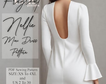 Open Back Dress Sewing Pattern, Mini Dress Sewing Pattern, Long Sleeve Dress Pattern, Women Dress Sewing Pattern, PDF Digital Sewing Pattern