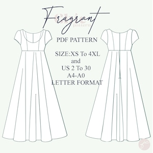 May include: A black and white line drawing of a dress pattern for a long, flowing dress with a scoop neck and short sleeves. The pattern is available in sizes XS to 4XL and US sizes 2 to 30. The pattern is available in A4, A0, and letter format.