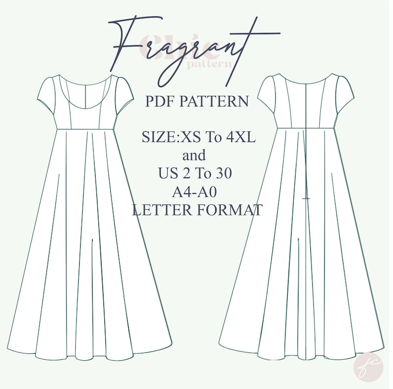 May include: A black and white line drawing of a dress pattern for a long, flowing dress with a scoop neck and short sleeves. The pattern is available in sizes XS to 4XL and US sizes 2 to 30. The pattern is available in A4, A0, and letter format.