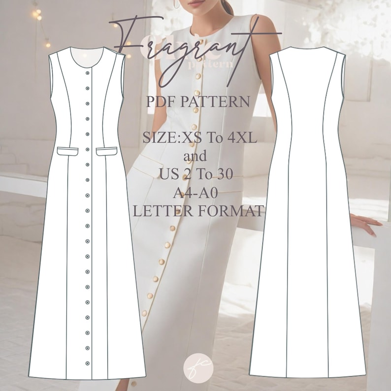 Puede incluir: Un patr&oacute;n de costura digital para un vestido sin mangas con cierre de botones en la parte delantera. El patr&oacute;n est&aacute; disponible en tallas XS a 4XL y tallas espa&ntilde;olas 34 a 52. El patr&oacute;n est&aacute; disponible en formato A4, A0 y carta.