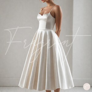 May include: A white satin dress with a sweetheart neckline and spaghetti straps. The dress has a full skirt and a knee-length hem.