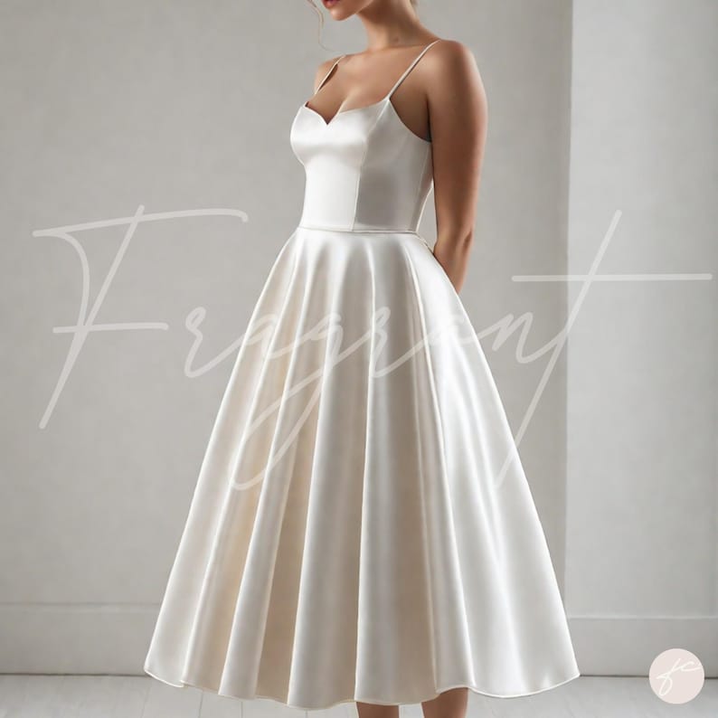 May include: A white satin dress with a sweetheart neckline and spaghetti straps. The dress has a full skirt and a knee-length hem.