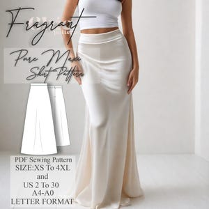 May include: A PDF sewing pattern for a maxi skirt. The pattern includes sizes XS to 4XL and US sizes 2 to 30. The pattern is in letter format.