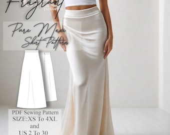 May include: A PDF sewing pattern for a maxi skirt. The pattern includes sizes XS to 4XL and US sizes 2 to 30. The pattern is in letter format.