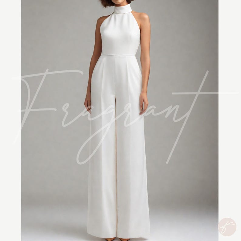 May include: A white halter jumpsuit with a high neck and wide legs. The jumpsuit is made of a smooth, silky fabric.
