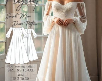 Bishop Sleeve Off Shoulder Dress Pattern,Ball Gown Dress,Prom Dress,Evening Gown Cocktail Dress,Graduation Dress,PDF Digital Sewing Pattern