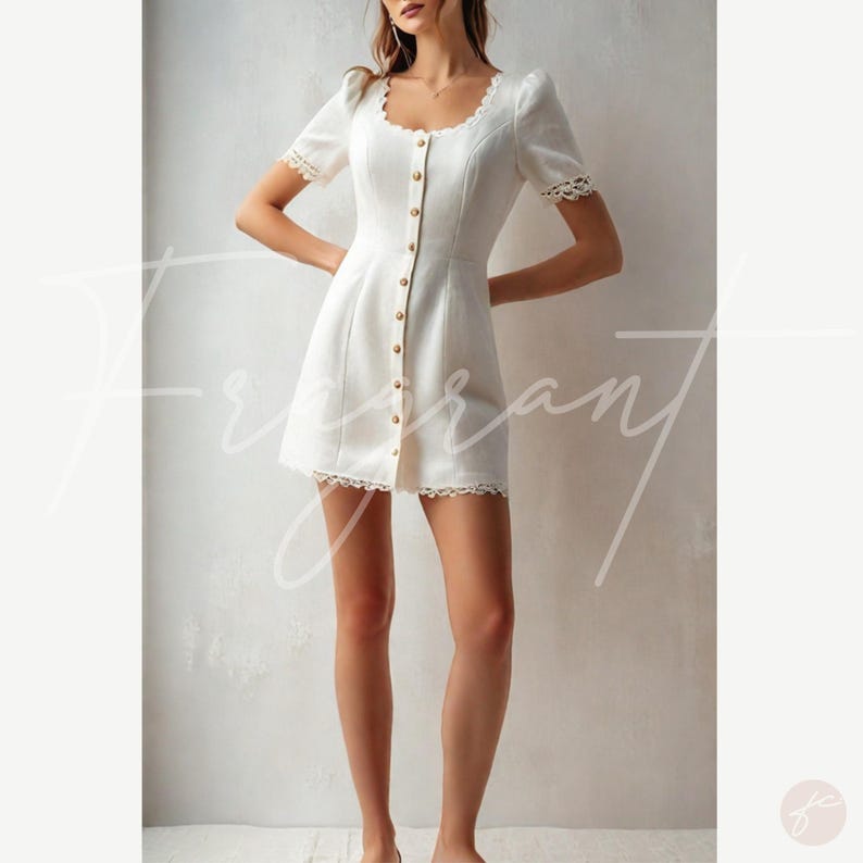May include: A white linen dress with a button-up front and lace trim. The dress has a square neckline and short sleeves.