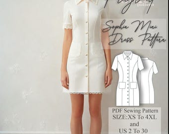 Shirt Dress Sewing Pattern , Collar Dress Pattern , Mini Dress Sewing Pattern , Button Down  Dress Pattern , Digital PDF Sewing Pattern