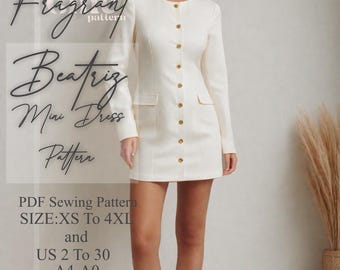 May include: A white mini dress sewing pattern with gold buttons. The pattern is for sizes XS to 4XL and US sizes 2 to 30. The pattern is available in A4 and A0 letter format.