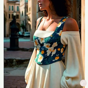 Puede incluir: Una mujer lleva un vestido blanco con un corpi&ntilde;o de estampado floral. El corpi&ntilde;o tiene un escote cuadrado y es sin mangas. El vestido tiene una falda completa y est&aacute; ajustado a la cintura. La mujer est&aacute; de pie frente a un edificio con una fachada de piedra.