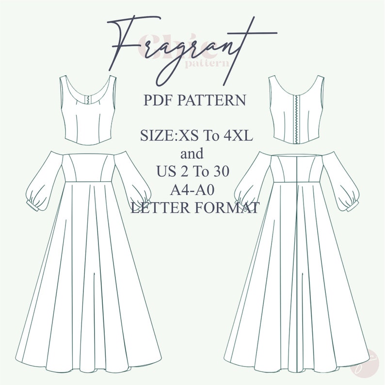 Puede incluir: Un patr&oacute;n de costura digital para un vestido y una blusa de estilo vintage. El patr&oacute;n incluye instrucciones para las tallas XS a 4XL y las tallas espa&ntilde;olas 34 a 52. El patr&oacute;n est&aacute; disponible en formato A4 y A0.