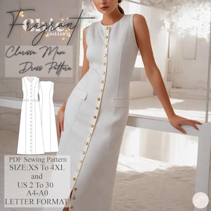 May include: A white sleeveless maxi dress with a button-up front and a single pocket on the left side. The dress has a fitted silhouette and a slit in the front. The dress is shown on a model with a white background. The text "Clarissa Maxi Dress Pattern" is in the top left corner of the image. The text "PDF Sewing Pattern SIZE:XS To 4XL and US 2 To 30 A4-A0 LETTER FORMAT" is in the bottom left corner of the image.