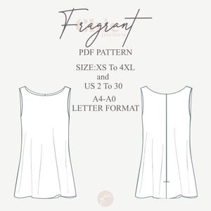 May include: A digital PDF pattern for a sleeveless top, featuring front and back views. The design includes the text "Frigrant" and sizing details: XS to 4XL and US sizes 2 to 30. The pattern is available in A4-A0 and letter formats.