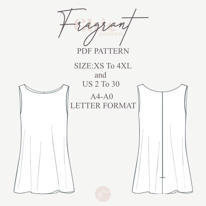 May include: A digital PDF pattern for a sleeveless top, featuring front and back views. The design includes the text "Frigrant" and sizing details: XS to 4XL and US sizes 2 to 30. The pattern is available in A4-A0 and letter formats.