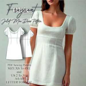 May include: A white mini dress sewing pattern with a square neckline and puff sleeves. The pattern is available in sizes XS to 4XL, US sizes 2 to 30, and comes in A4 and A0 letter format.
