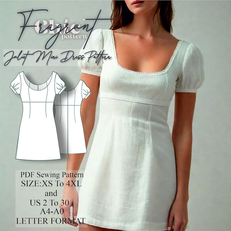 May include: A white mini dress sewing pattern with a square neckline and puff sleeves. The pattern is available in sizes XS to 4XL, US sizes 2 to 30, and comes in A4 and A0 letter format.