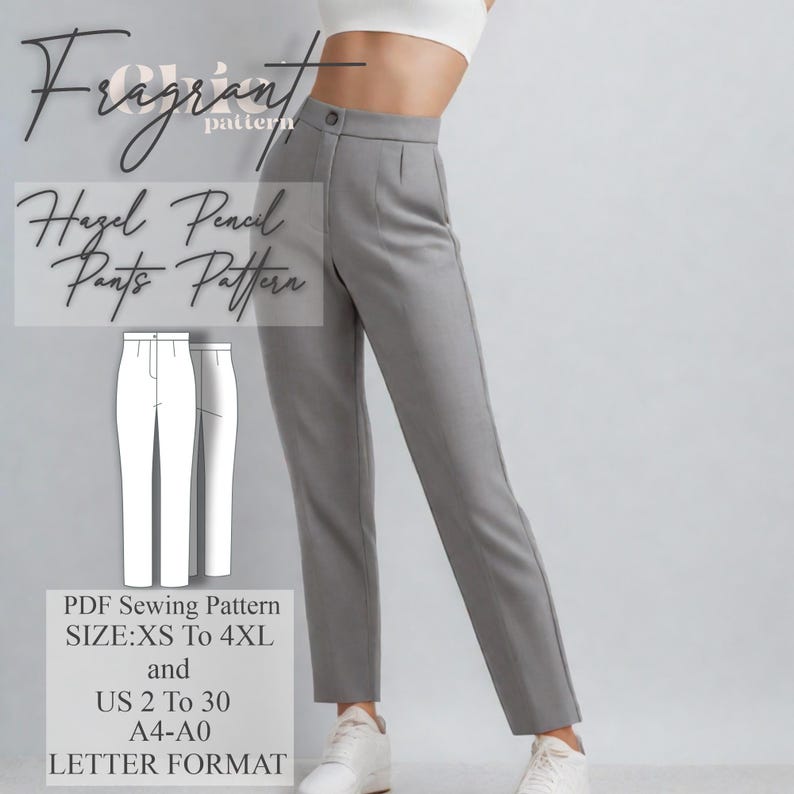Puede incluir: Un patr&oacute;n de costura PDF para pantalones de l&aacute;piz Hazel. El patr&oacute;n incluye tallas XS a 4XL y tallas espa&ntilde;olas 34 a 52. El patr&oacute;n est&aacute; disponible en formato A4 y A0.
