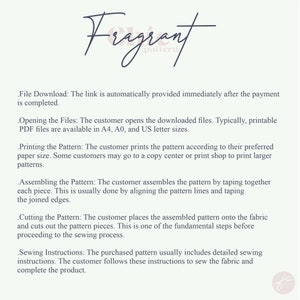 Puede incluir: Un documento de texto con instrucciones para ensamblar y coser un patr&oacute;n. El documento incluye el t&iacute;tulo "Fragrant pattern" y detalla los pasos involucrados en la descarga, impresi&oacute;n, ensamblaje, corte y costura del patr&oacute;n.