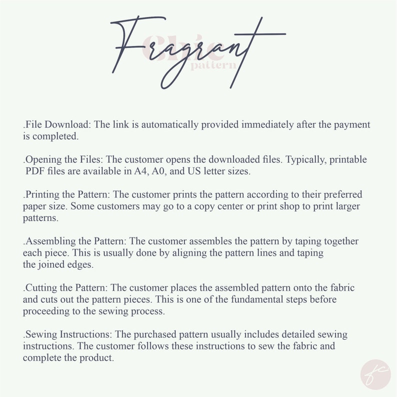 Puede incluir: Un documento de texto con instrucciones para ensamblar y coser un patr&oacute;n. El documento incluye el t&iacute;tulo "Fragrant pattern" y detalla los pasos involucrados en la descarga, impresi&oacute;n, ensamblaje, corte y costura del patr&oacute;n.