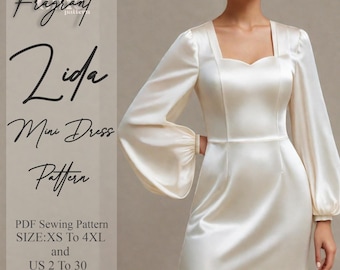 Modello di abito con scollo a cuore, modello di abito a maniche lunghe, modello di cucito per miniabito, modello di cucito per abito da donna, modello di cucito digitale PDF