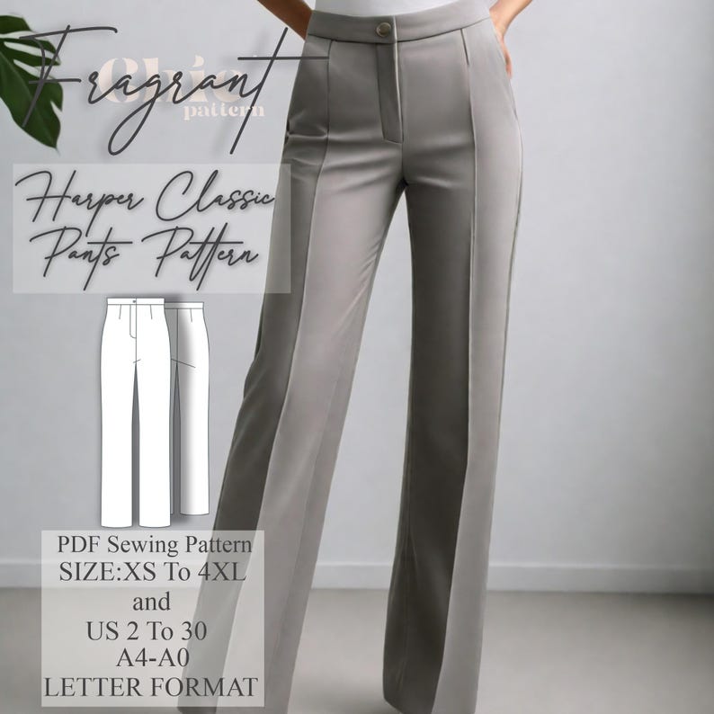 May include: A PDF sewing pattern for Harper Classic Pants. The pattern is available in sizes XS to 4XL and US sizes 2 to 30. The pattern is available in A4 and A0 letter format.