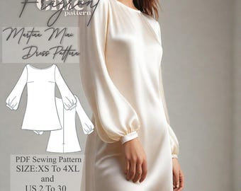 Patrón de costura de vestido mini / Patrón de vestido con cuello barco / Patrón de costura de vestido de mujer / Patrón de vestido de manga larga / Patrón de costura digital en PDF