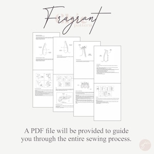 May include: A set of black and white sewing instructions for a garment. The instructions include diagrams and text. The text includes the words "Fragrant Pattern".