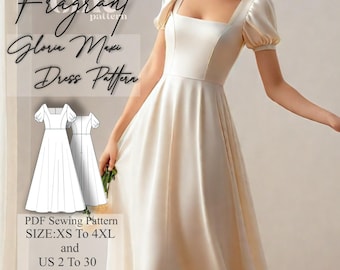 Square Neck Kleid Schnittmuster , Maxi Kleid Schnittmuster , Frauen Kleid Schnittmuster , Puff Ärmel Schnittmuster , PDF Digitales Schnittmuster
