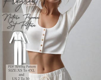 May include: A white pajama set sewing pattern with a cropped top and long pants. The pattern includes sizes XS to 4XL and US sizes 2 to 30. The pattern is available in A4-A0 and letter format.