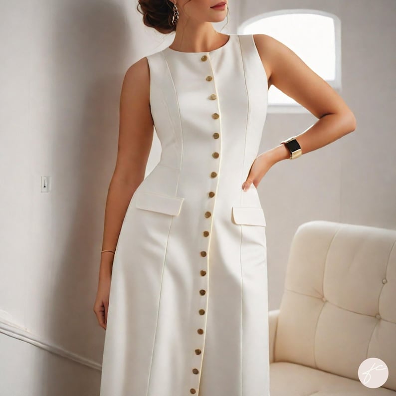 Puede incluir: Un vestido blanco sin mangas con cierre de botones en la parte delantera y dos bolsillos. El vestido tiene un corpi&ntilde;o ajustado y una falda fluida.