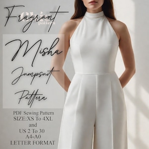 Puede incluir: Un patrón de costura para un mono blanco con tirantes finos, disponible en tallas XS a 4XL. El patrón incluye instrucciones para las tallas 34 a 52 y está disponible en formato A4 y A0.