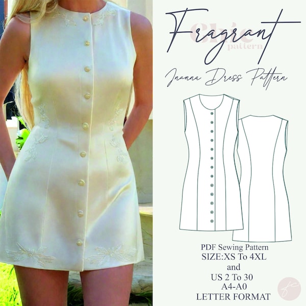 Inanna Mini Dress Pattern ,Button Down Summer Mini Dress Sewing Pattern,Babydoll Dress Pattern,Button Front Dress,Digital PDF Sewing Pattern