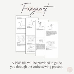 May include: A set of black and white sewing instructions for a garment. The instructions include diagrams and text. The text includes the words "Fragrant Pattern".